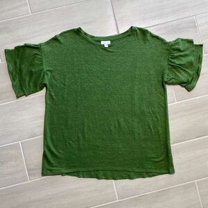 J. Jill Love Linen Womens Double Ruffle Short Sleeve Top Size Large Green